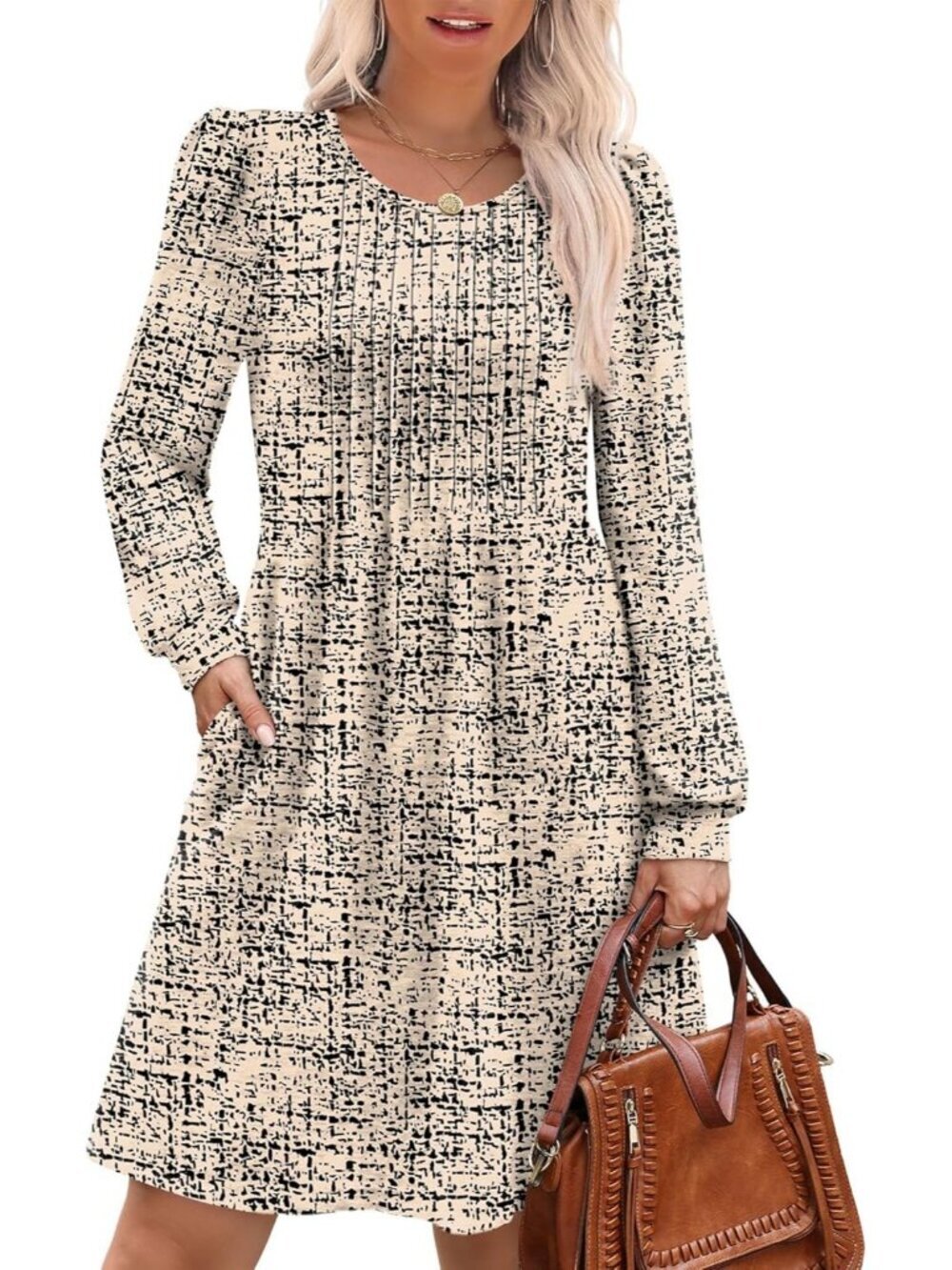 Women's Beige Black Plaid Pleated Neck Pockets Fall Baby Doll Sweater Mini Dress